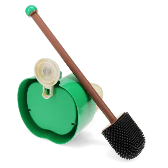 Green apple-shaped wall-mounted toilet brush with holder and black bristle head
