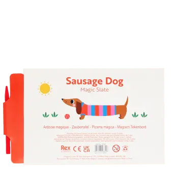 Back of sausage dog magic slate packaging with product information and stylus pen
