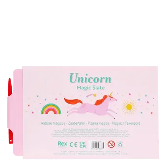 Back of unicorn magic slate packaging with product information and stylus pen