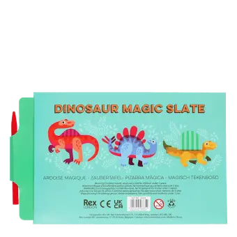 Back of dinosaur magic slate packaging with product information and stylus pen