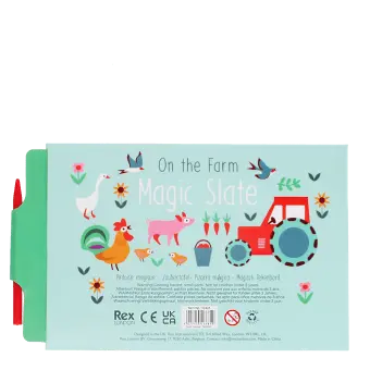 Back of farmyard magic slate packaging with product information and stylus pen