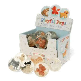 Playful Pups glitter bouncy balls display box with assorted puppy designs inside clear balls