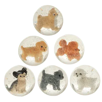 Glitter bouncy balls with assorted puppy figures inside clear, sparkly designs