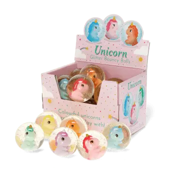 Unicorn glitter bouncy balls display box with assorted colourful unicorn designs