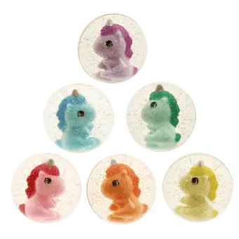 Glitter bouncy balls with assorted unicorn figures inside clear sparkly designs