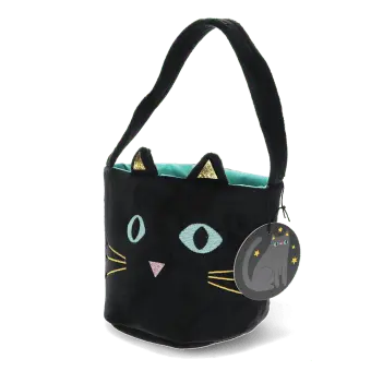 Black velvet cat-shaped bag with embroidered face, glitter ears and shoulder strap