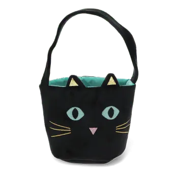 Black velvet cat-shaped bag with embroidered face, glitter ears and shoulder strap