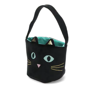 Black velvet cat-shaped bag with embroidered face, glitter ears and shoulder strap