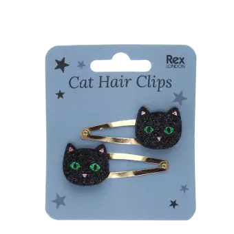 Set of two glitter black cat hair clips in retail card packaging