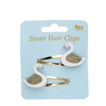 Set of two swan hair clips with glitter wings and gold-toned snap clips