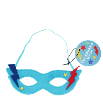 Blue superhero eye mask with lightning bolt accents, star details and strap shown with tag