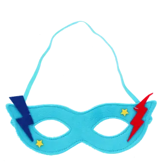 Blue superhero eye mask with lightning bolt accents, star details and strap