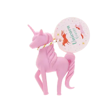 Pink unicorn-shaped eraser tail and raised unicorn horn with tag.