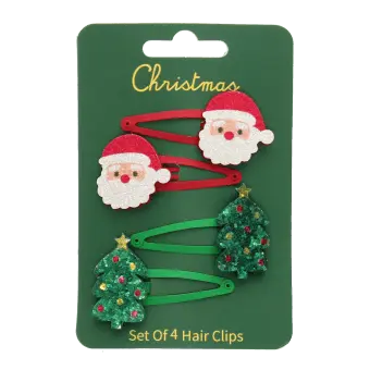 Set of four Christmas hair clips featuring Santa faces and glitter Christmas trees