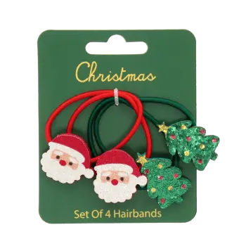 Set of four Christmas hairbands featuring Santa faces and glitter Christmas trees