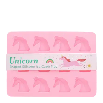 Unicorn-shaped silicone ice cube tray with 12 unicorn moulds in pink