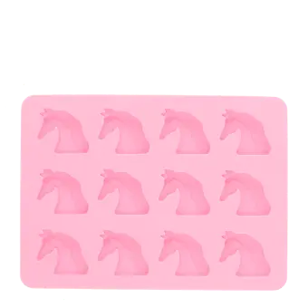 Unicorn-shaped silicone ice cube tray with 12 unicorn moulds in pink