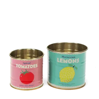 Decorative storage tins labelled "Spiced Tomatoes" and "Moroccan Lemons"