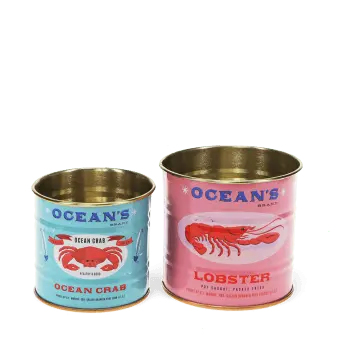 Ocean-themed decorative storage tins labelled "Ocean Crab" and "Lobster"