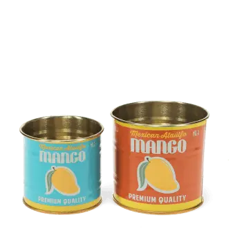 Decorative storage tins featuring vintage-style mango illustrations