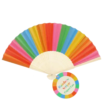 Rainbow-striped recycled paper hand fan with cream handle and colourful folding design.