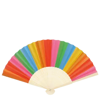 Rainbow-striped recycled paper hand fan with cream handle and colourful folding design.