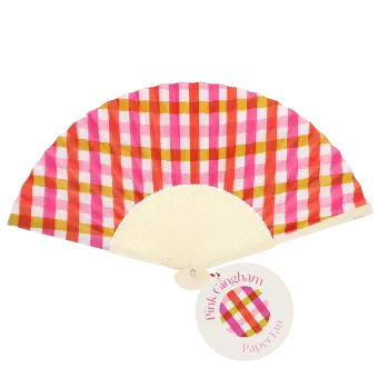 Pink and orange gingham recycled paper hand fan with cream handle and folding design.