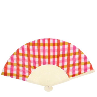 Pink and orange gingham recycled paper hand fan with cream handle and folding design.
