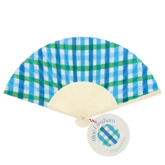Blue and green gingham recycled paper hand fan with cream handle and folding design.