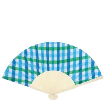Blue and green gingham recycled paper hand fan with cream handle and folding design.