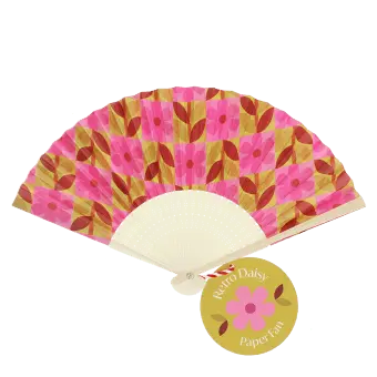 Retro daisy recycled paper hand fan with pink floral pattern and cream folding handle.