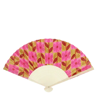 Retro daisy recycled paper hand fan with pink floral pattern and cream folding handle.