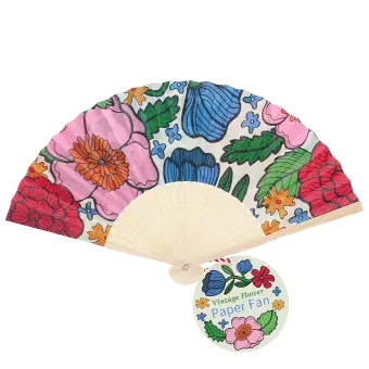 Vintage floral recycled paper hand fan with colourful flower pattern and cream folding handle.