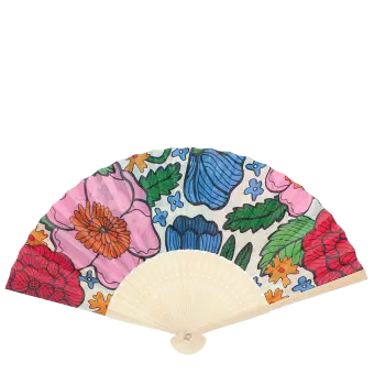 Vintage floral recycled paper hand fan with colourful flower pattern and cream folding handle.