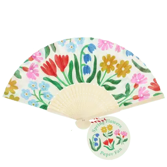 Spring floral recycled paper hand fan with colourful flower pattern and cream folding handle.