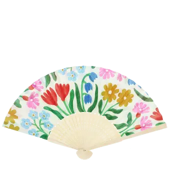 Spring floral recycled paper hand fan with colourful flower pattern and cream folding handle.