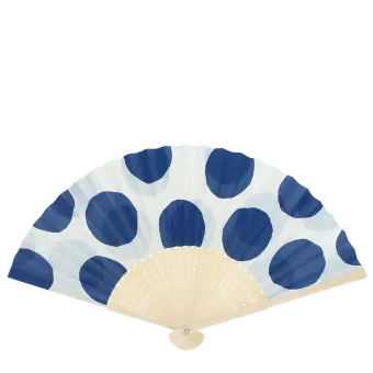 Blue polka dot recycled paper hand fan with cream folding handle and colourful circular pattern.