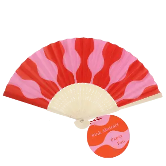 Pink and red abstract recycled paper hand fan with cream folding handle.