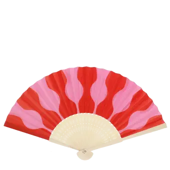 Pink and red abstract recycled paper hand fan with cream folding handle.