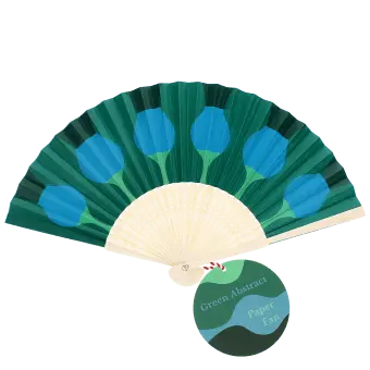Green abstract recycled paper hand fan with cream folding handle.