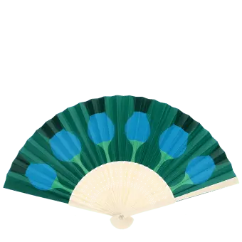 Green abstract recycled paper hand fan with cream folding handle.