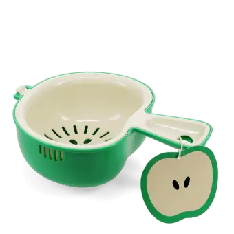 Green apple-shaped colander with handle and matching hanging apple tag