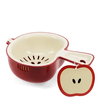 Red apple-shaped colander with handle and matching hanging apple tag
