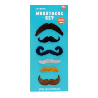 Self-adhesive moustache set with six novelty moustache styles on retail packaging..