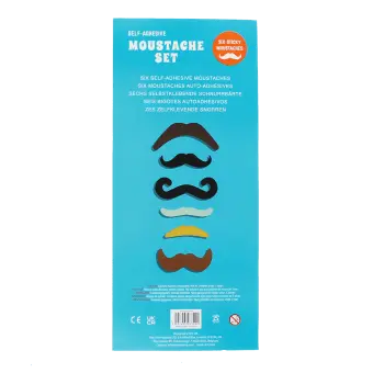 Back of self-adhesive moustache set packaging showing product details and barcode.