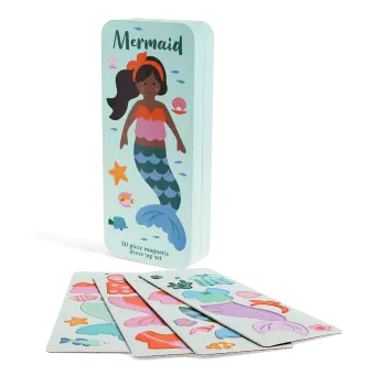 Mermaid magnetic dress-up set with illustrated tin case.