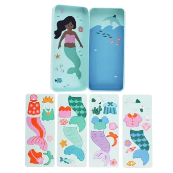 Open mermaid magnetic dress-up set with illustrated tin case and interchangeable magnetic outfit pieces.