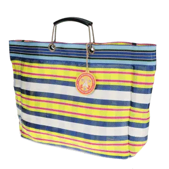Large woven shopping bag with blue, yellow and white striped design and black handles.