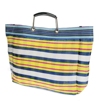 Large woven shopping bag with blue, yellow and white striped design and black handles.