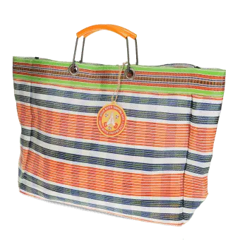 Large woven shopping bag with orange and blue striped pattern with orange handles
